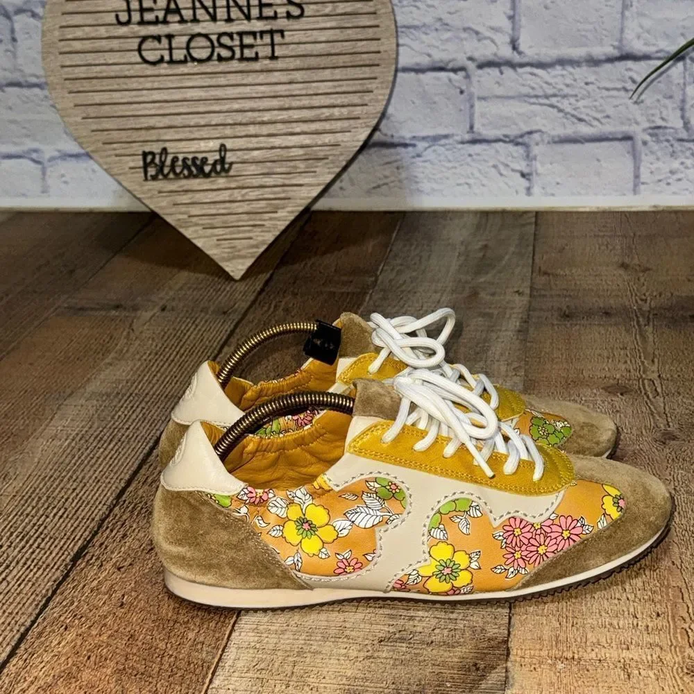 Tory Burch Serif Floral Leather Sneakers Yellow 8.5 rare